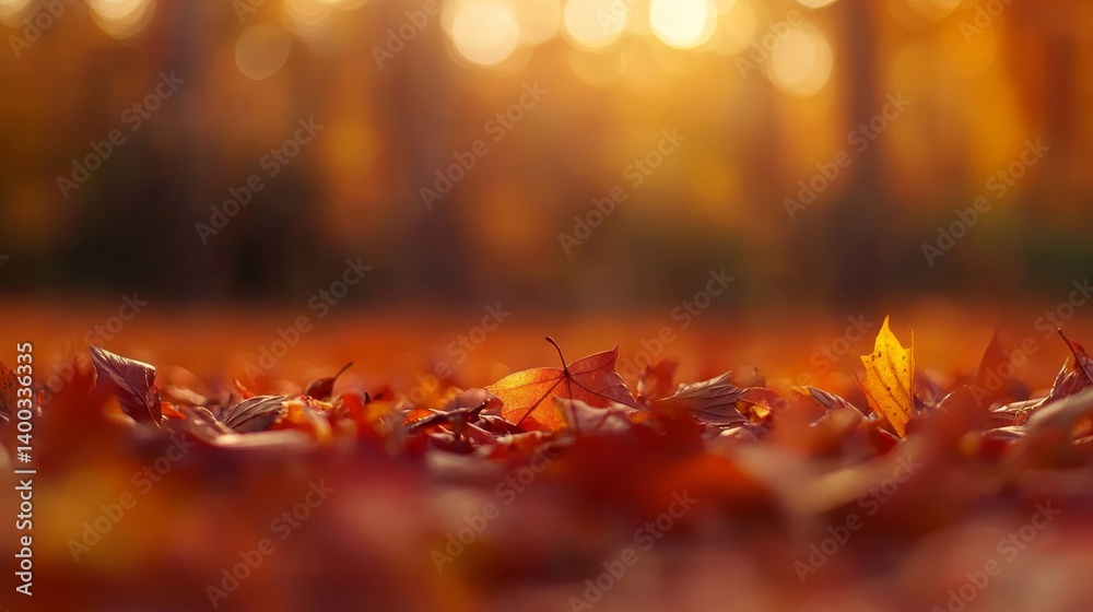 Poster Close-up view of vibrant orange maple leaves scattered across the ground, with soft sunlight filtering through trees, creating a nostalgic autumn atmosphere