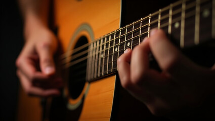 Fototapeta premium Guitarist hands playing an acoustic guitar, artistic expressive image