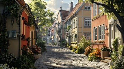 Fototapeta premium A picturesque european alleyway lined with colorful buildings and vibrant gardens.