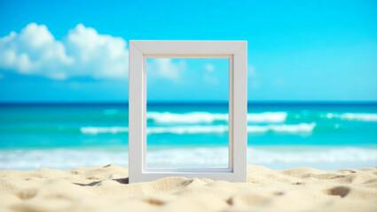A white rectangular picture frame standing on the sandy beach, with the blue ocean waves in the background