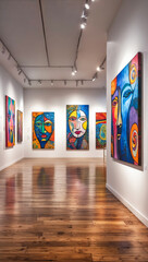 A contemporary art gallery displaying various abstract pictures on its walls