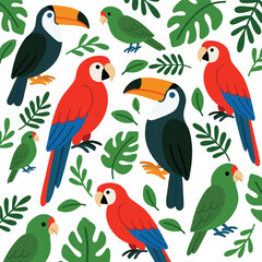 Seamless pattern with bright tropical birds including parrots and toucans surrounded by green jungle leaves. Playful exotic design for summer themes, fabrics, kids, or nature decor.