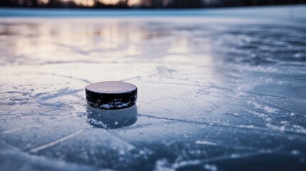 A hockey puck sliding across the ice, leaving a thin trail of snow behind,A worn-out hockey puck with scratches and dents, placed on a frozen rink 
