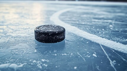 A hockey puck sliding across the ice, leaving a thin trail of snow behind,A worn-out hockey puck with scratches and dents, placed on a frozen rink 