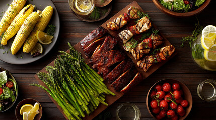 Overhead shot of grilled food on wooden board: ribs, asparagus, fish skewers, corn, and cherry tomatoes.  Shows a summer barbecue feast, ideal for food blogs or restaurant menus.