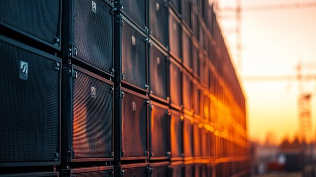 A towering arrangement of black loudspeakers captures the warm amber glow, creating an impactful visual that represents the power of live music and sound