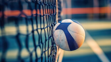 A volleyball lying in soft golden sand, shadows cast by the evening sun, A well-used volleyball with scuff marks and dirt, signifying a long game, 