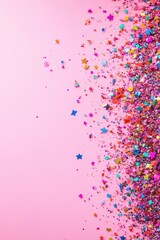 Naklejka premium Festive Celebration with Vibrant Confetti on Soft Pink Background for Party Decor and Joyful Event Invitation