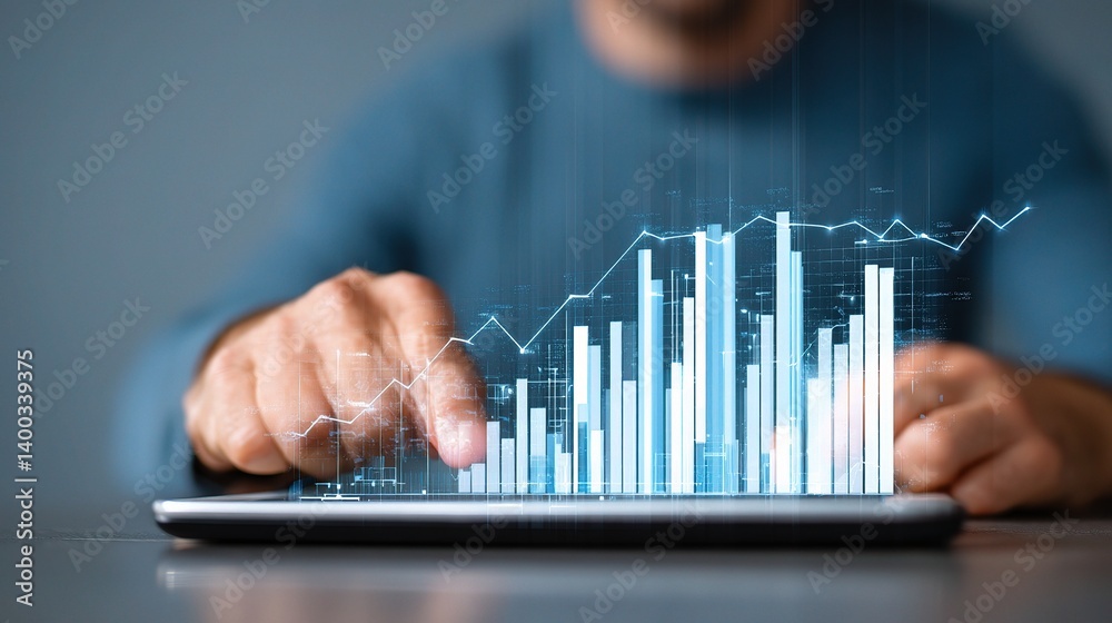 Poster man using tablet to analyze financial dashboard data visualizations