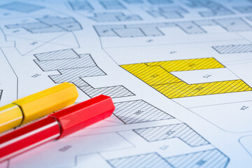 Imaginary cadastral map with buildings, land parcel and vacant plot - land and property registry...