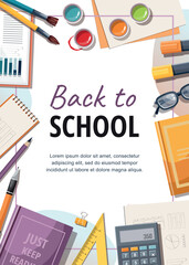 Set of study school supplies. Glasses, calculator, book, textbook, notepad, paints, marker. School supplies on white background. Back to school concept. Top view.