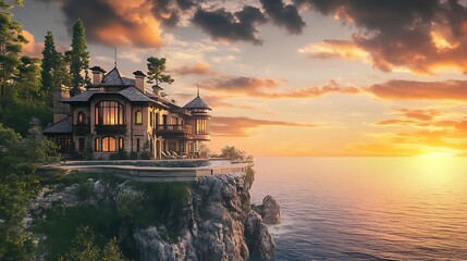 Stunning coastal mansion with an infinity pool overlooking the ocean during a vibrant sunset, surrounded by lush greenery and dramatic clouds