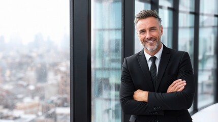 Fototapeta premium Successful CEO Standing by Window with Urban View in Background