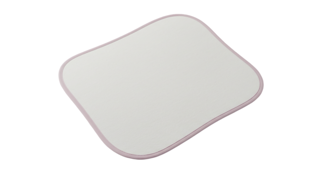 A slightly rounded square white tray with a thin pink border on a white background in soft light