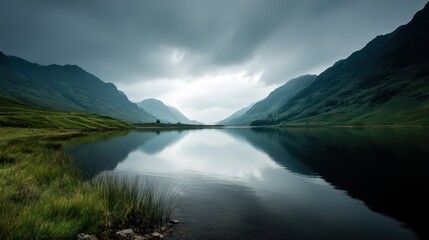 Fototapeta premium Tranquil waters reflect the overcast sky, while lush green mountains create a peaceful backdrop. The serene landscape invites contemplation and connection with nature