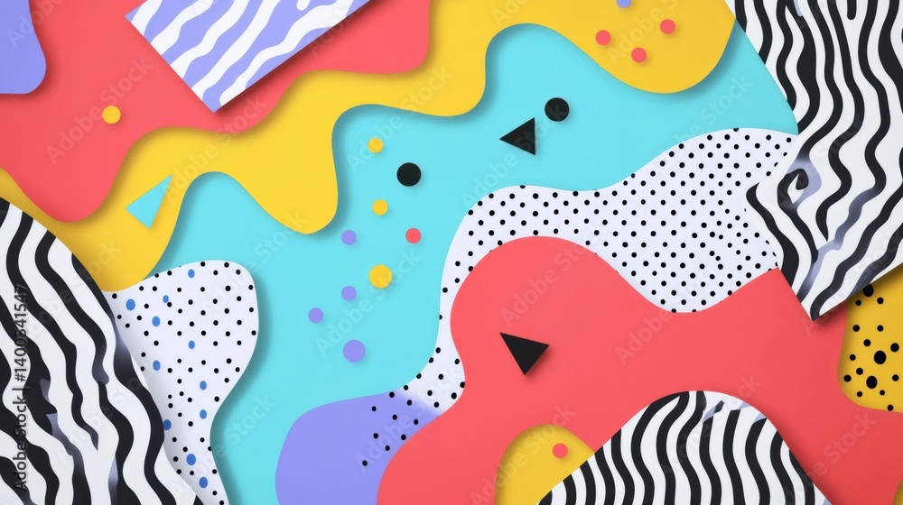 Poster Colorful Memphis style abstract design featuring zigzags squiggles dots and triangles on a modern backdrop