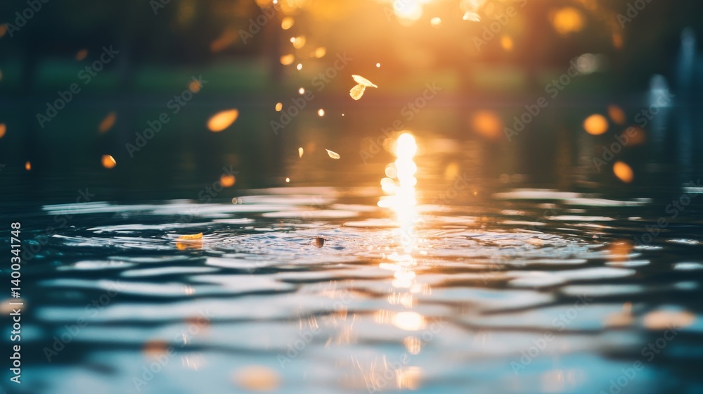 Poster golden leaves fall gracefully from a tree branch, landing on a gently rippling lake, reflecting the 
