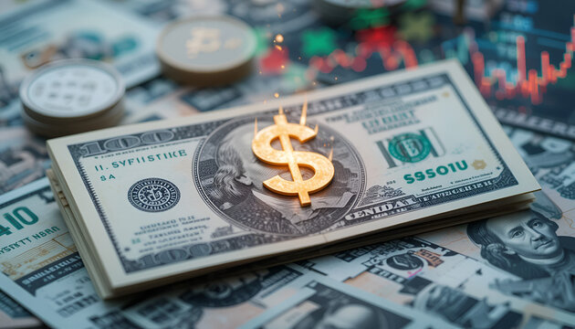 Burning Dollar Symbol on Cash with Financial Charts and Coins