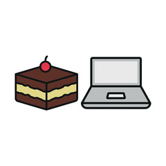 Laptop and tiramisu icon reflects sweet work breaks, cozy digital sessions, and elegant productivity vibes.