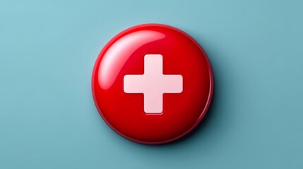 Obraz premium Red emergency healthcare icon with white cross on shiny button style against smooth cyan background in bold clean style for high quality medical illustration