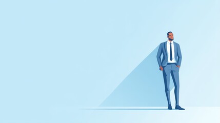 Obraz premium A confident business professional is depicted standing alone against a minimalist blue backdrop
