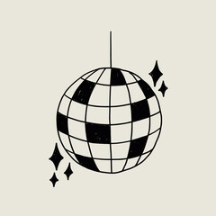 Disco Ball Doodle Line Black Icon with Music Notes. Mirror Dance Celebration Discoball. Sketch Vector Illustration