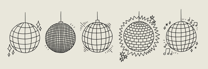Black Disco Ball Sketch Set. Club Dance Party Mirror Discoball Collection. Doodle Vector Illustration