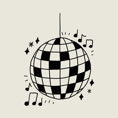 Disco Ball Doodle Line Icon with Simple Music Notes. Mirror Dance Celebration Discoball. Sketch Vector Illustration