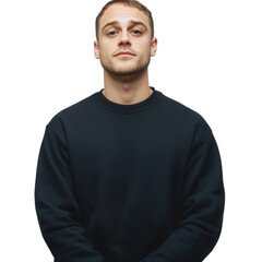 Fototapeta premium A man wearing a black blank sweatshirt, standing with a neutral expression,Transparent background, PNG file, offering empty space for copy.