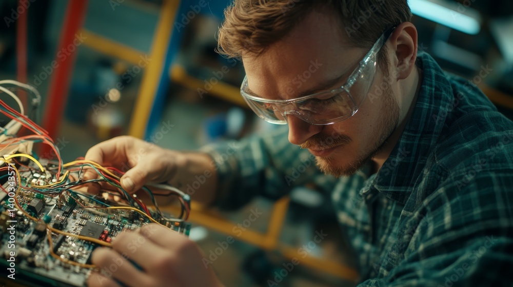 Aufkleber a man wearing safety glasses adjusts wires inside a compact electronic device on a workbench, focusi