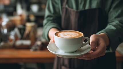 Barista serving a freshly made cup of latte with heart-shaped latte art