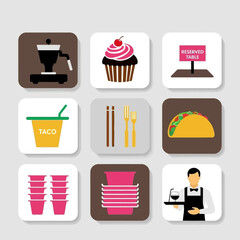 Illustrated Restaurant Icons: Coffee, Cupcake, Taco, Reserved Table