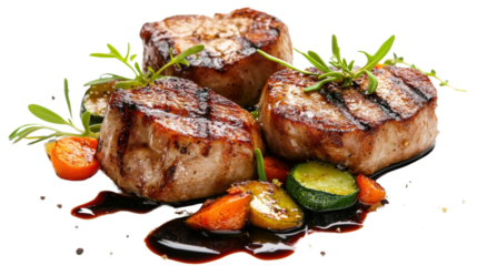 A modern gourmet presentation of grilled pork medallions, artfully paired with vegetables and a light balsamic glaze, minimalistic and fine dining style,Transparent background, PNG file