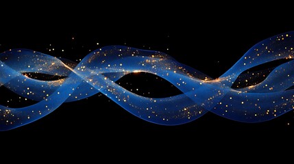 Illuminated blue trails forming elegant curving patterns with golden specks floating on black