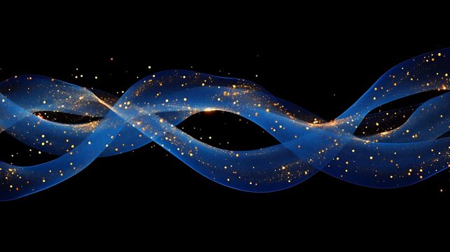 Illuminated blue trails forming elegant curving patterns with golden specks floating on black