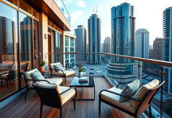 Modern city balcony with glass railing, lounge chairs, coffee table,  metal,  building