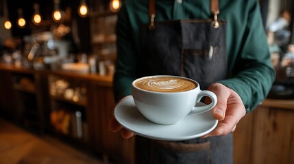 Barista serving a freshly made cup of latte with heart-shaped latte art