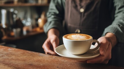 Barista serving a freshly made cup of latte with heart-shaped latte art