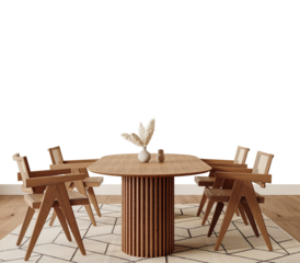 Free PNG wallpaper mockup in Interior Dining Room, Elegant dining area with wooden table and chairs., 3D rendering
