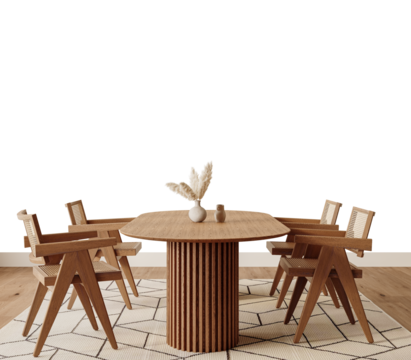Free PNG wallpaper mockup in Interior Dining Room, Elegant dining area with wooden table and chairs., 3D rendering