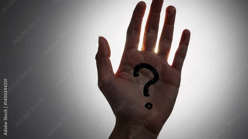 Aufkleber Multiple views of an open hand with a question mark drawn on the palm, illuminated by varying light sources, symbolizing uncertainty, inquiry, and the search for answers