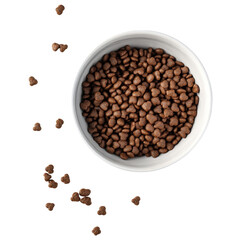 Obraz premium A pet food bowl isolated on a clean white background, with a focus on the bowl material and shape, filled with dry kibble.
