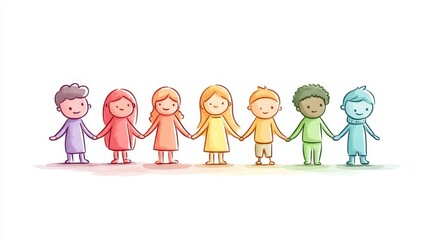 Fototapeta premium A group of diverse children, each wearing colorful clothing, stands side by side holding hands. They display joy and togetherness, symbolizing friendship across cultures