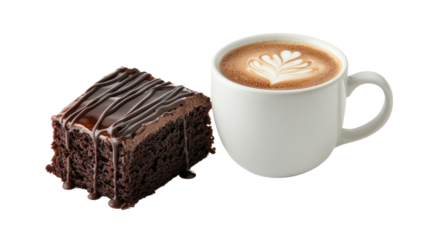 A piece of moist chocolate cake drizzled with chocolate syrup, paired with a latte in a white mug,Transparent background, PNG file