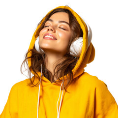 Happy young woman in yellow hoodie smiling with closed eyes, enjoying music via wireless headphones isolated on transparent or white background