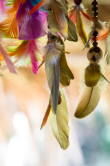 Colorful feathers and beads hang in a dreamcatcher.
