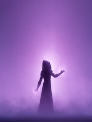 A wizard character stands in a mystical setting, surrounded by swirling purple magical energies. Their hands are raised as they invoke powerful spells, creating an enchanting atmosphere