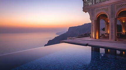 Stunning infinity pool overlooking the ocean at dusk with a view of mountains in the background and natural light creating a serene atmosphere
