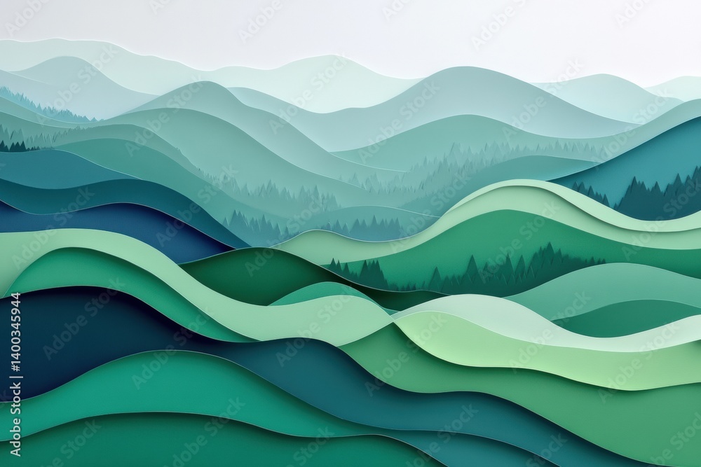 Poster layered paper hills with fog and soft morning light create a serene landscape experience
