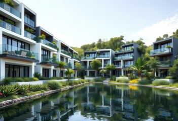 Fototapeta premium Modern geometric homes, glass balconies, lush greenery, reflecting water, geometric architecture, empty space